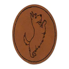 Scottish Terrier Dog Begging Round Iron-On Engraved Faux Leather Patch Applique - 2.5" Brown