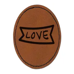 Love Banner Round Iron-On Engraved Faux Leather Patch Applique - 2.5" Brown