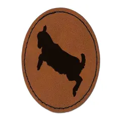 Baby Goat Jumping Playing Round Iron-On Engraved Faux Leather Patch Applique - 2.5" Brown