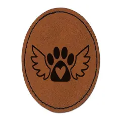 Paw Print Angel Wings with Heart Dog Cat Round Iron-On Engraved Faux Leather Patch Applique - 2.5" Brown