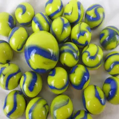 25 Marbles BLUE TANG Blue Stripes Yellow Glass game pack Shooter