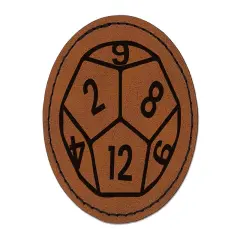 D12 12 Sided Gaming Gamer Dice Critical Role Round Iron-On Engraved Faux Leather Patch Applique - 2.5" Brown