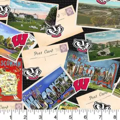 Sykel Enterprises-University of Wisconsin Cotton Fabric-Wisconsin Badgers Postcard Cotton Quilting Fabric