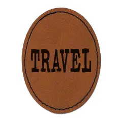 Travel Fun Text Round Iron-On Engraved Faux Leather Patch Applique - 2.5" Brown