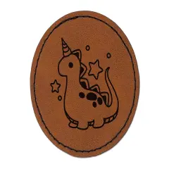 Baby Nursery Dinocorn Dinosaur Unicorn Round Iron-On Engraved Faux Leather Patch Applique - 2.5" Brown