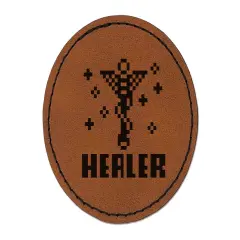 Pixel RPG Healer Staff Gaming Round Iron-On Engraved Faux Leather Patch Applique - 2.5" Brown