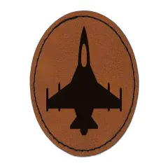 Fighter Jet Military Airplane Round Iron-On Engraved Faux Leather Patch Applique - 2.5" Brown
