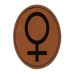 Astronomy Venus Astrology Planet Symbol Round Iron-On Engraved Faux Leather Patch Applique - 2.5" Brown
