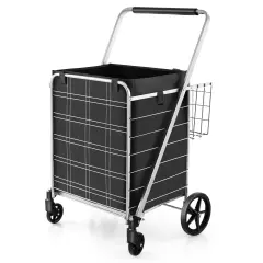 Folding Shopping Cart With Waterproof Liner Wheels And Basket-silver