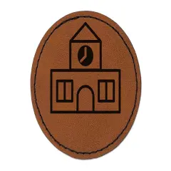 School Building Icon Round Iron-On Engraved Faux Leather Patch Applique - 2.5" Brown