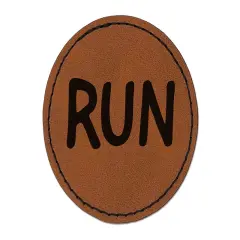 Run Jog Marathon Fun Text Round Iron-On Engraved Faux Leather Patch Applique - 2.5" Brown
