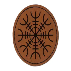 Aegishjalmur Helm of Awe Rune Viking Symbol of Protection Round Iron-On Engraved Faux Leather Patch Applique - 2.5" Brown
