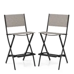 Costway Set of 2 Outdoor Bar Chair Folding Bar Height Stool with Metal Frame Blue/Coffee