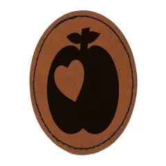 Apple with Heart Round Iron-On Engraved Faux Leather Patch Applique - 2.5" Brown