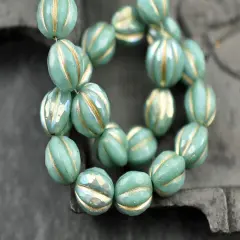 *12* 10mm Gold Washed Turquoise AB Faceted Round Melon Beads