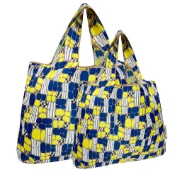 Wrapables Large & Small Foldable Tote Nylon Reusable Grocery Bags, Set of 2, Yellow Abstract
