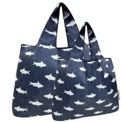 Wrapables Large & Small Foldable Tote Nylon Reusable Grocery Bags, Set of 2, Ocean Fish