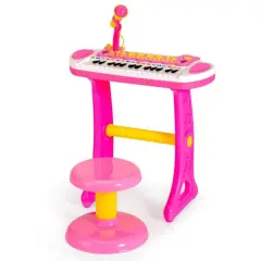 Kids Piano Keyboard with Adjustable Microphone and Stool Pink