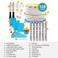 108Pcs Cake Decorating Supplies Kit 11in Revolving Cake Table with Stand Base and Baking Tools