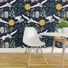 Pre-Pasted Wallpaper 2FT Wide Snowy Owls Botanical Folk Art Xl Scale Jumbo Mid Century Queen Anne Lace Cottagecore Custom Pre-pasted Wallpaper by Spoonflower