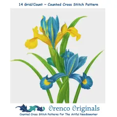 Orenco Originals Redoute Blue Yellow Iris Flower -Square Counted Cross Stitch Pattern