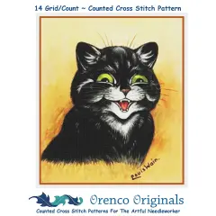 Louis Wain's Smiling Black Kitty Cat Counted Cross Stitch Chart Pattern