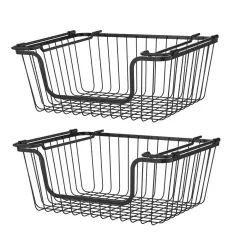 Oceanstar Stackable Metal Wire Storage Basket Set for Pantry, Countertop, Kitchen or Bathroom, Black, Set of 2