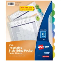 Avery Insertable Style Edge Pocket Plastic Dividers for 3 Ring Binders, 8-Tab Set, Style Edge Insertable Multicolor Tabs, Works With Sheet Protectors, 1 Set (11293)