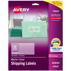 Avery Matte Clear Shipping Labels, Sure Feed Technology, Laser, 2" x 4", 100 Labels (15663)