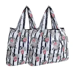 Wrapables Foldable Tote Nylon Reusable Grocery Bag (Set of 2) Rose & Stripes