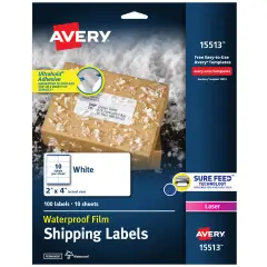 AveryWaterproof Shipping Labels with Ultrahold Permanent Adhesive, 2" x 4", 100 Labels for Laser Printers (15513)