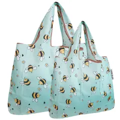 Wrapables Large & Small Foldable Tote Nylon Reusable Grocery Bags, Set of 2 Bumble Bees