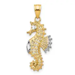 10K Gold & Rhodium Plated Seahorse Charm Pendant Jewelry 25mm x 11mm