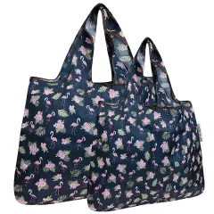 Wrapables Large & Small Foldable Tote Nylon Reusable Grocery Bags, Set of 2 Flamingoes & Floral