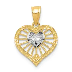10K Gold & Rhodium Plated Heart Cross Charm Pendant Jewelry 15 x 12mm