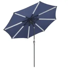 Solar Umbrella with Lights Tilting Outdoor Umbrella 9ft 8-Rib Navy Color