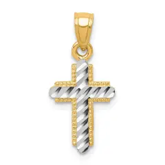 10K Gold & Rhodium Plated Diamond Cut Cross Pendant Charm Jewelry 20 x 11mm