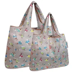 Wrapables Large & Small Foldable Tote Nylon Reusable Grocery Bags, Set of 2 Gray French Bulldogs