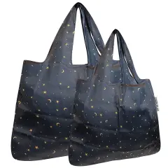 Wrapables Large & Small Foldable Tote Nylon Reusable Grocery Bags, Set of 2 Moon & Stars