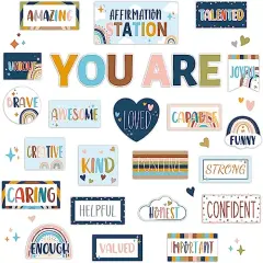 Boho Affirmation Station Bulletin Board Set Rainbow Bulletin Board for Classroom Decor Hippie Motivational Posters Positive Affirmations Accents Cutouts for Teachers School Chart Wall Supplies