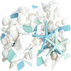 Real Mixed Beach Seashells with Blue & Green Starfish & Aqua and Blue Sea Glass White Decorative Sea Shell D&eacute;cor & Blue Seaglass Pieces