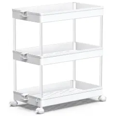 SPACEKEEPER Storage Rolling Cart, 3 Tier Laundry Room Organization Utility Cart Bathroom Organizer Mobile Shelving Unit Shelves Multi-Functional Trolley, White