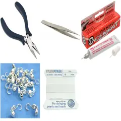 Bead Tip Kit - Pliers, Tweezers, Cement, 15 Bead Tips & White Bead Cord #8