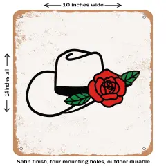 DECORATIVE METAL SIGN - Cowboy Hat With Rose - 2- Vintage Rusty Look