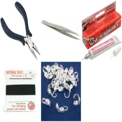 Bead Tip Kit - Pliers, Tweezers, Cement, Black Bead Cord #6 & 25 Bead Tips
