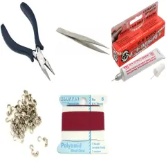 Bead Tip Kit - Pliers, Tweezers, Cement, 30 Bead Tips & Garnet Bead Cord #6