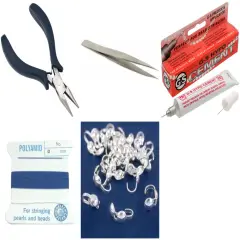 Bead Tip Kit - Pliers, Tweezers, Cement, Blue Bead Cord #8 & 25 Bead Tips