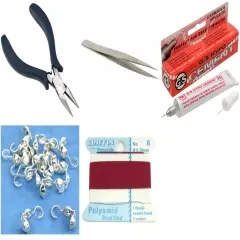 Bead Tip Kit - Pliers, Tweezers, Cement, 15 Bead Tips & Garnet Bead Cord #6