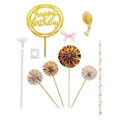 Happy Birthday Cake Topper Set with Paper Fans and Confetti Balloon Decorations Gold