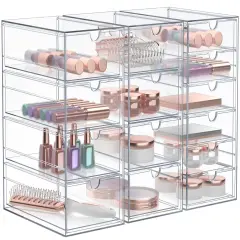 Sorbus 14 Drawers Acrylic Organizer for Makeup, Organization and Storage, Art Supplies, Jewelry, Stationary - 3 Pcs Clear Stackable Storage Drawers